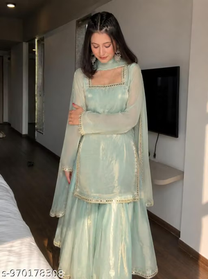 Women’s Mint Green Embroidered Sharara Suit Set - Full View