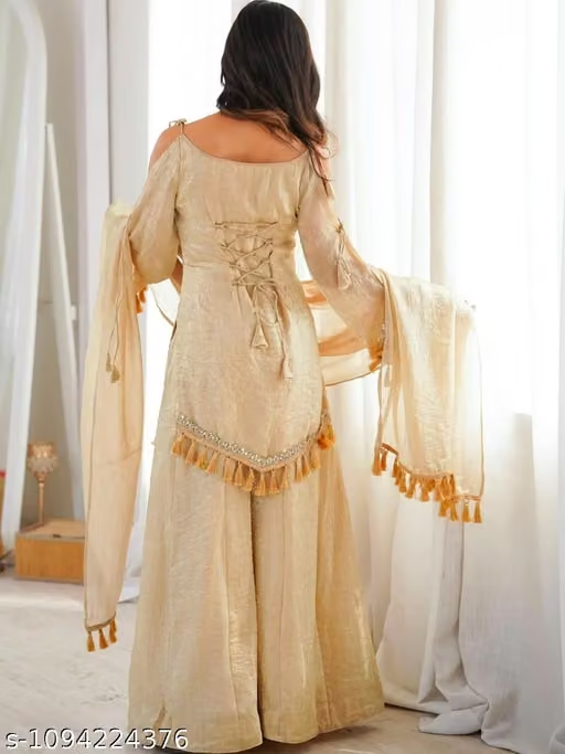 Women’s Beige Embroidered Palazzo Suit Set - Back