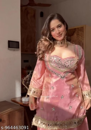 Women’s Pink Embroidered Palazzo Suit Set - Full View