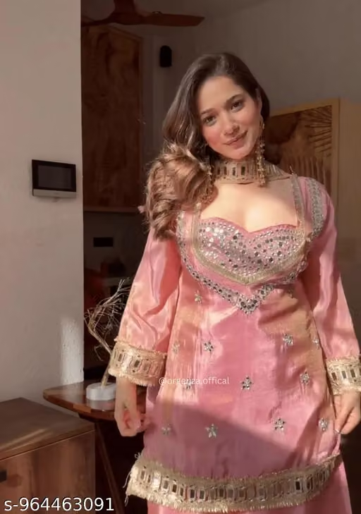 Women’s Pink Embroidered Palazzo Suit Set - Full View