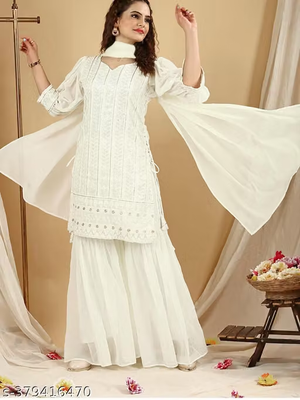 Women's White Embroidered Kurta Sharara Set Full View
