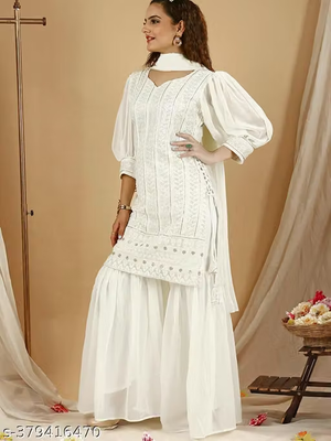 Women's White Embroidered Kurta Sharara Set Front