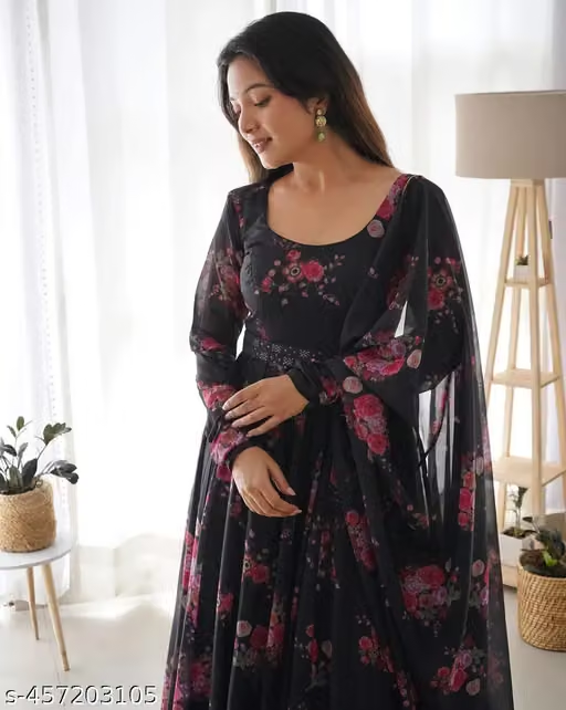 Women's Black Floral Anarkali Dress - Detail
