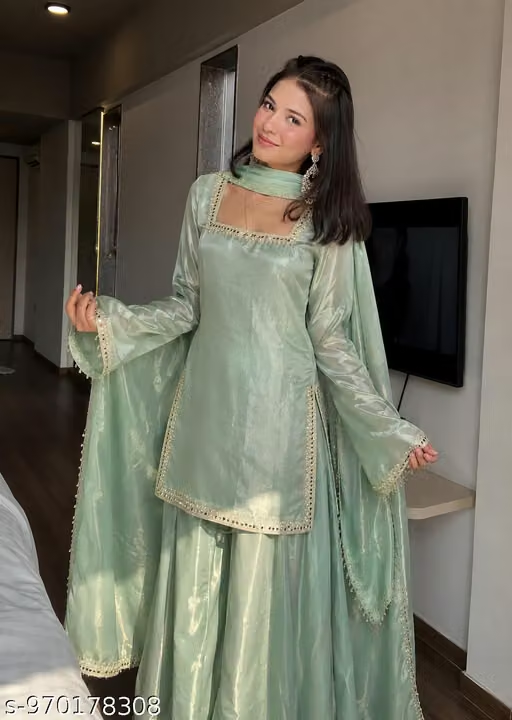 Women’s Mint Green Embroidered Sharara Suit Set - Front