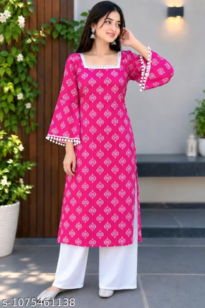 Women's Pink Printed Kurta Palazzo Set - Front