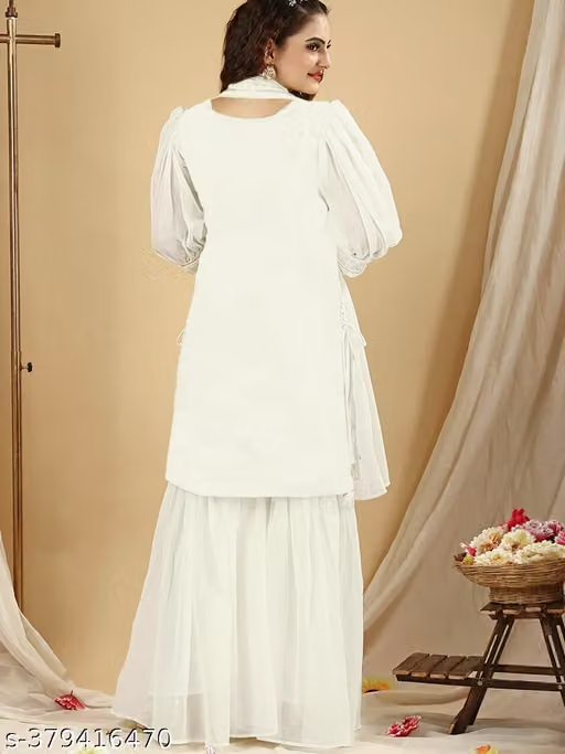 Women's White Embroidered Kurta Sharara Set Back