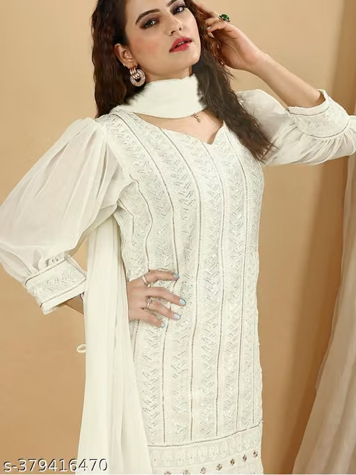 Women's White Embroidered Kurta Sharara Set Close Up
