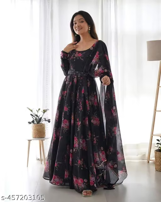 Women's Black Floral Anarkali Dress - Front Full