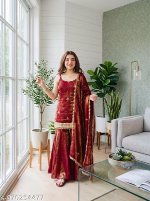 Women's Maroon Kurta Sharara Set Styled