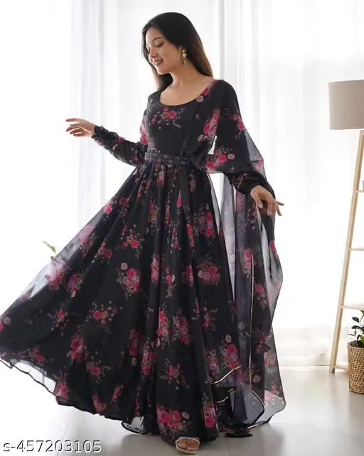 Women's Black Floral Anarkali Dress - Front