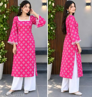 Women's Pink Printed Kurta Palazzo Set - Front and Side