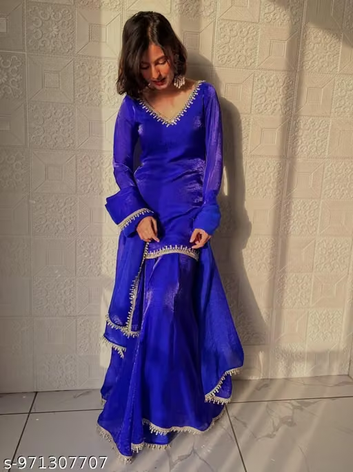 Royal blue women’s ethnic suit set - seated
