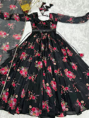 Women's Black Floral Anarkali Dress - Product
