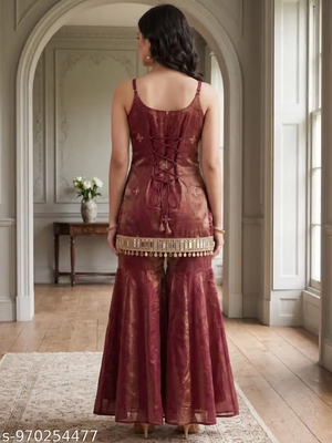 Women's Maroon Kurta Sharara Set Back