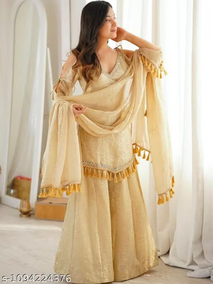 Women’s Beige Embroidered Palazzo Suit Set - Styled