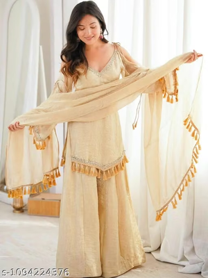 Women’s Beige Embroidered Palazzo Suit Set - Front