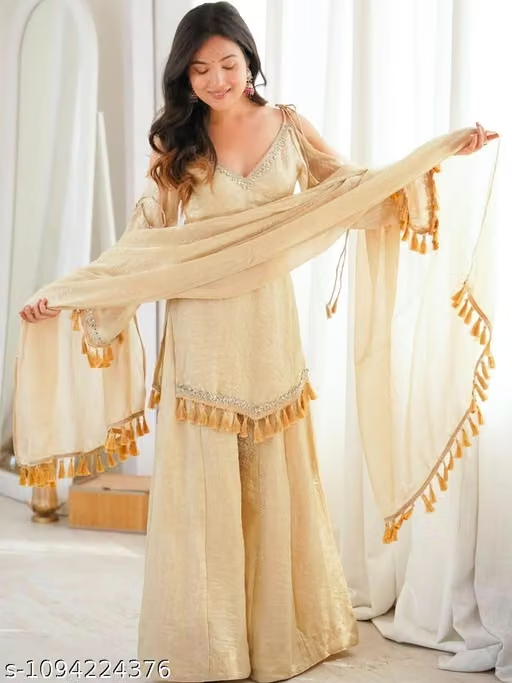 Women’s Beige Embroidered Palazzo Suit Set - Front