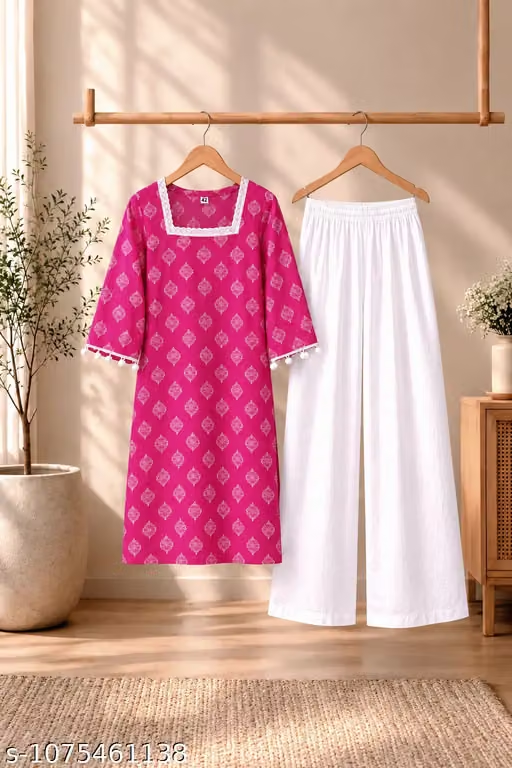 Women's Pink Printed Kurta Palazzo Set - Product
