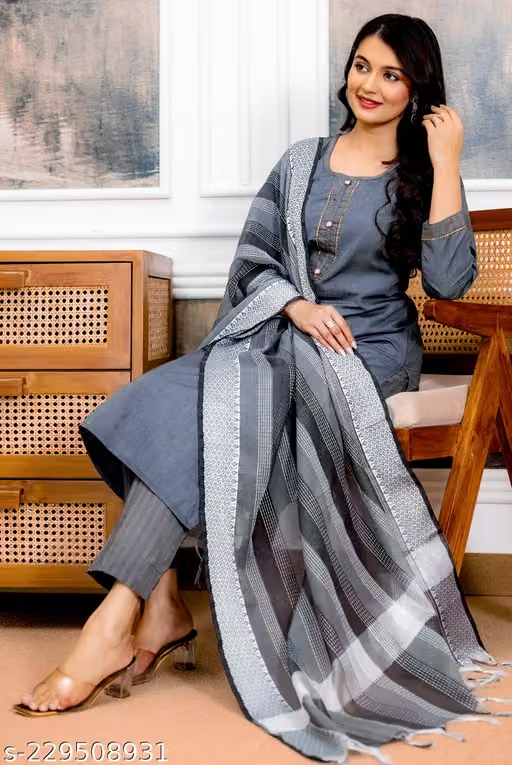 Women's Grey Printed Kurta Pant and Dupatta Set