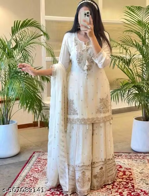 White embroidered Anarkali palazzo and dupatta set