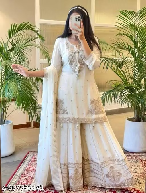 White embroidered Anarkali palazzo and dupatta set front view