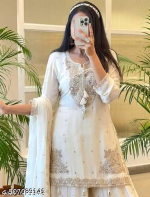 White embroidered Anarkali kurta close view