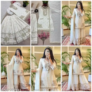 White embroidered Anarkali palazzo dupatta set product collage