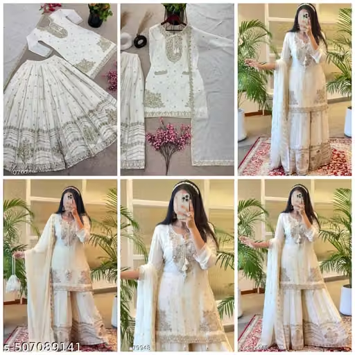 White embroidered Anarkali palazzo dupatta set product collage