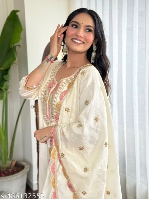 Cream embroidered kurta pant and dupatta set