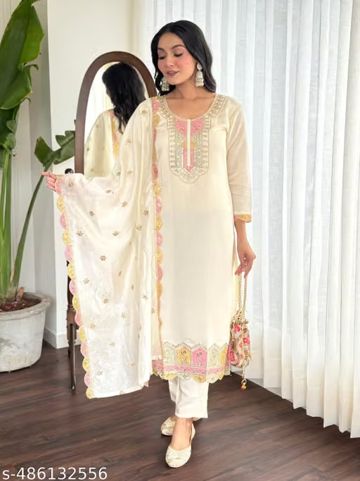 Cream embroidered kurta pant and dupatta set full view