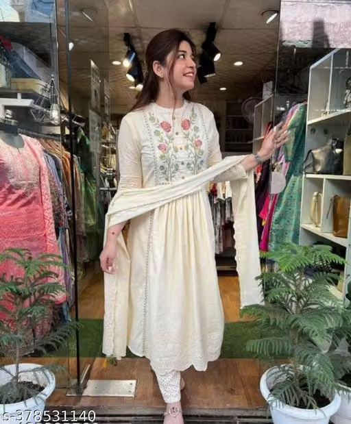 Cream embroidered floral kurta pant and dupatta set