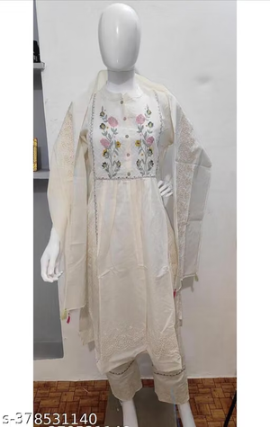 Cream embroidered floral kurta pant and dupatta set full view