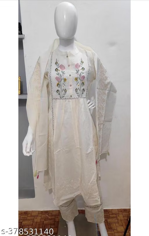 Cream embroidered floral kurta pant and dupatta set full view