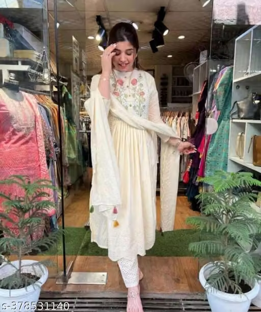 Cream embroidered floral kurta pant dupatta set styled view