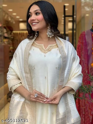 Ivory embroidered kurta pant and dupatta set full view