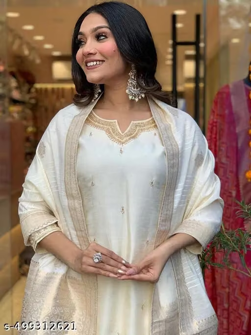 Ivory embroidered kurta pant and dupatta set full view