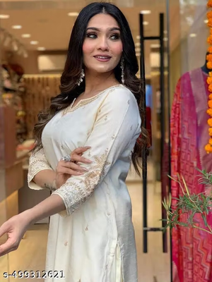 Ivory embroidered kurta side view