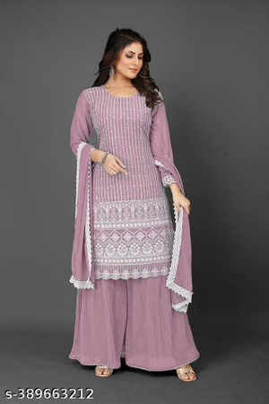 Embroidered mauve kurta sharara and dupatta set front view
