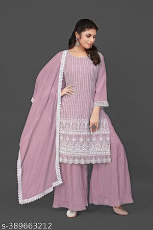 Embroidered mauve kurta sharara and dupatta set styled view