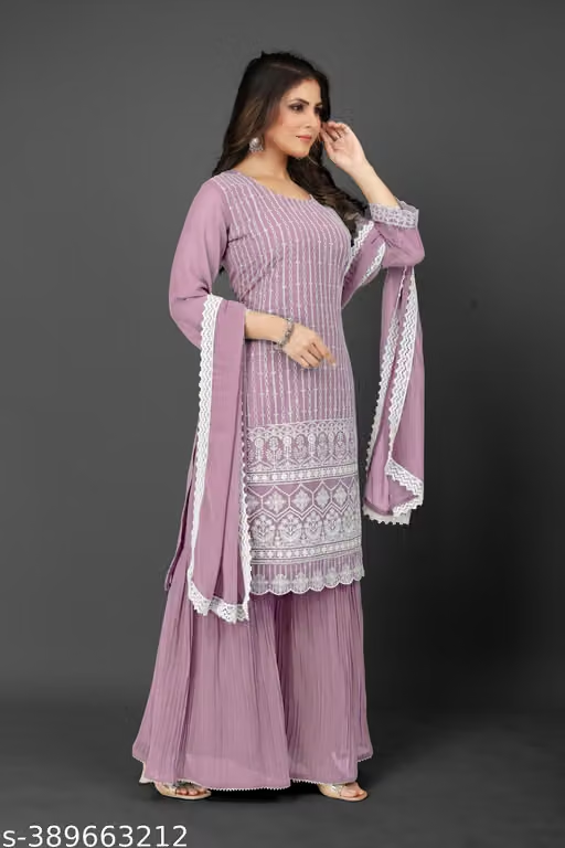 Embroidered mauve kurta sharara and dupatta set side view