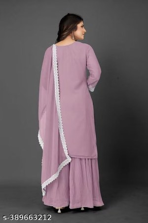 Embroidered mauve kurta sharara and dupatta set back view