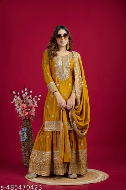 Women’s mustard yellow embroidered sharara suit set front view