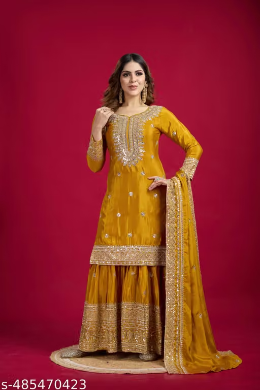 Women’s mustard yellow embroidered sharara suit set alternate view