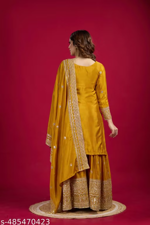 Women’s mustard yellow embroidered sharara suit set back view