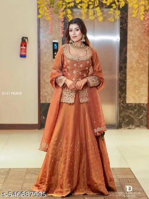 Peach embroidered sharara and dupatta set