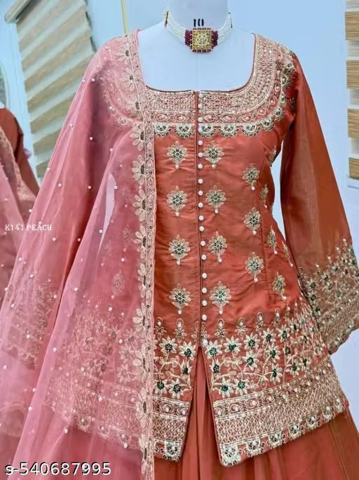 Peach embroidered kurta close view