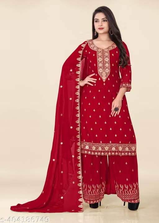 Red embroidered kurta palazzo and dupatta styled view