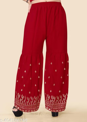 Red embroidered palazzo close view