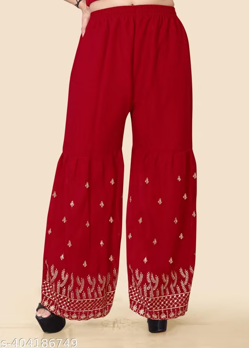 Red embroidered palazzo close view