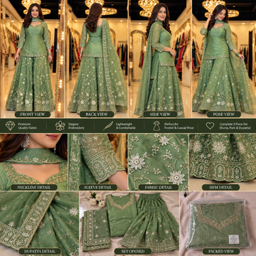 Product detail collage showing embroidery, hem, dupatta, complete set and packed view